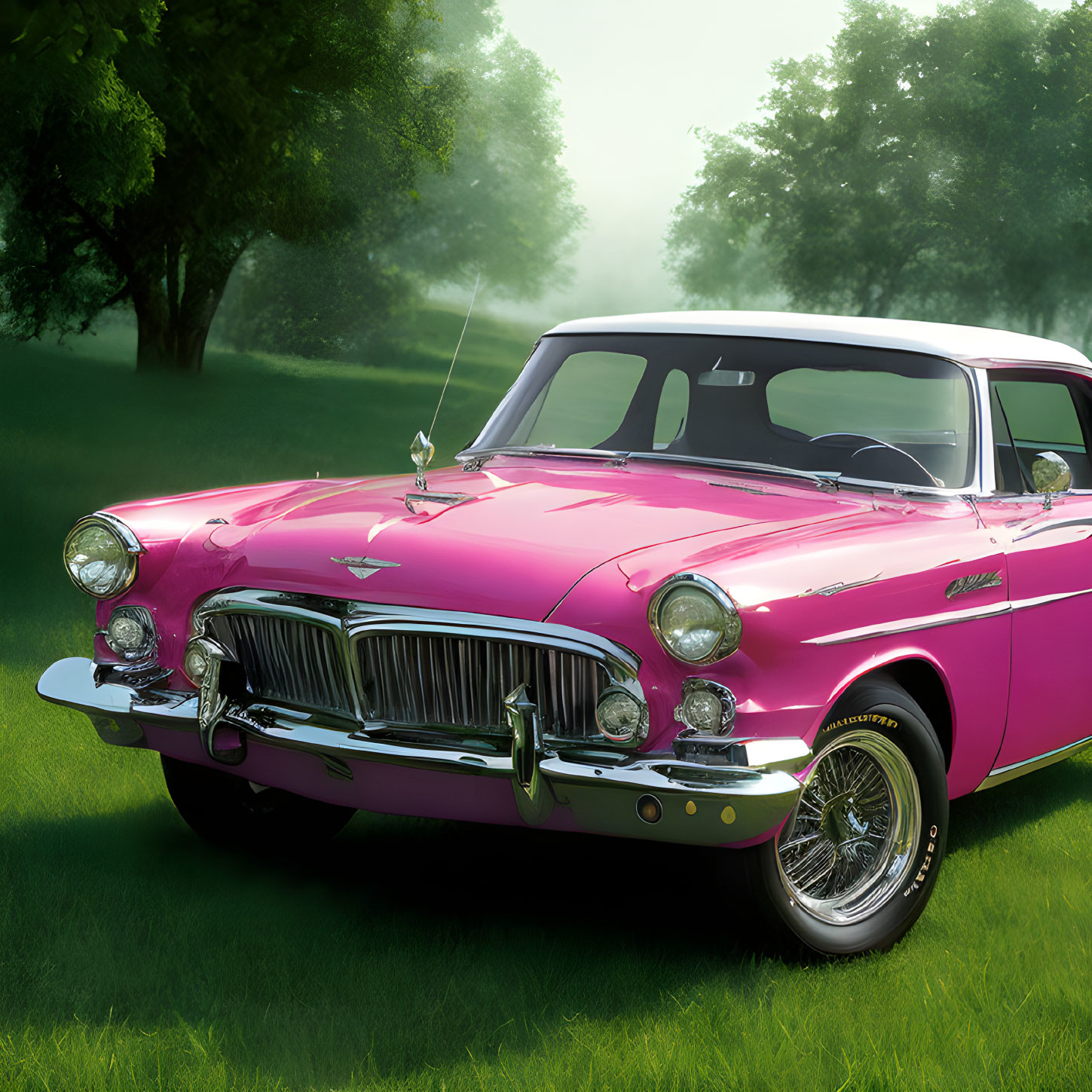 Vintage Pink Car with White-Wall Tires on Green Grass with Misty Tree Background