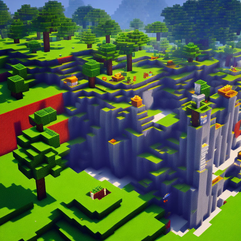 Voxel-based landscape with blocky trees, grass, lava, and ores