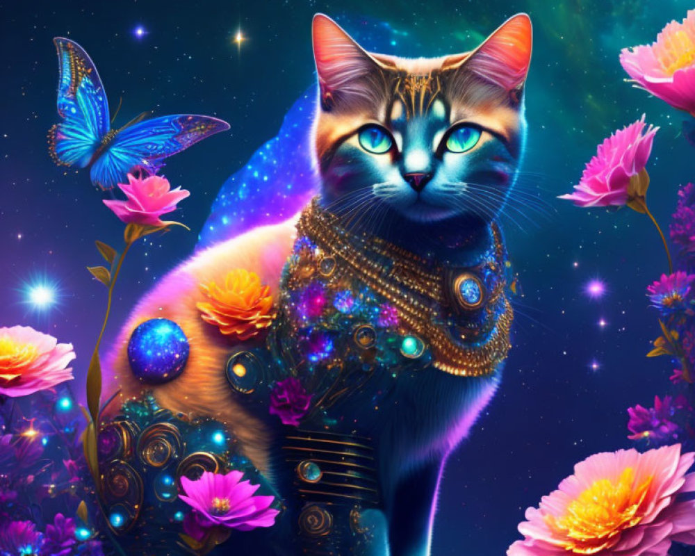 Cosmic-themed cat illustration with stars, nebulae, constellations, flowers, and butterfly