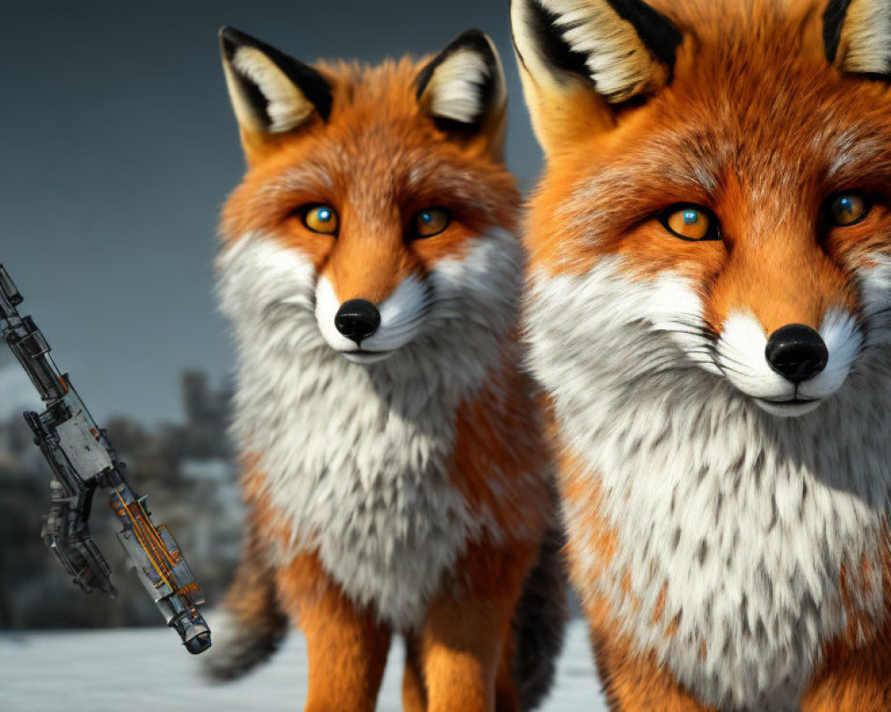 Two vibrant orange 3D-rendered foxes standing with futuristic weapon, blurred background