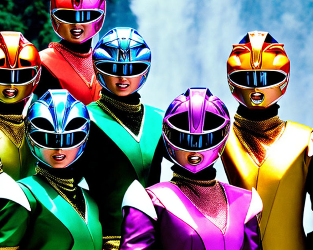 Colorful Power Rangers in action against misty backdrop