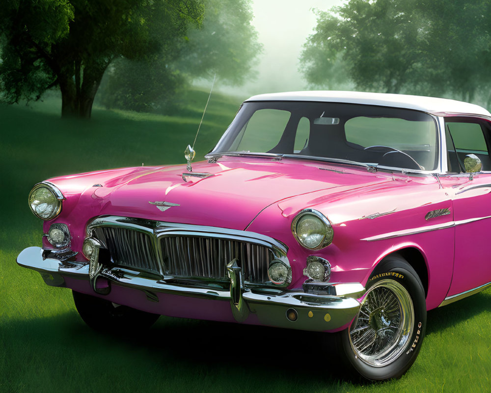 Vintage Pink Car with White-Wall Tires on Green Grass with Misty Tree Background