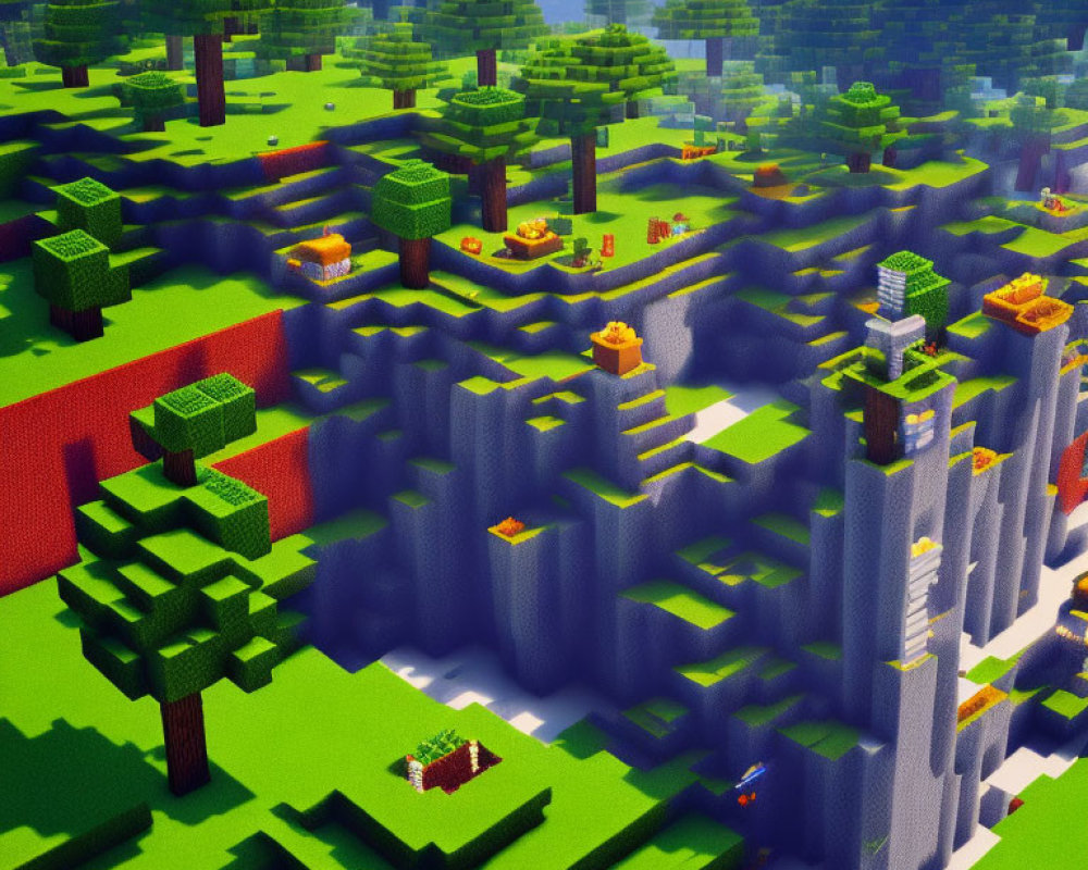 Voxel-based landscape with blocky trees, grass, lava, and ores
