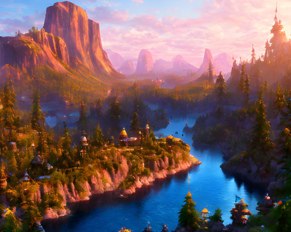 Fantasy landscape with rock formations, river, forests, and village huts at sunset
