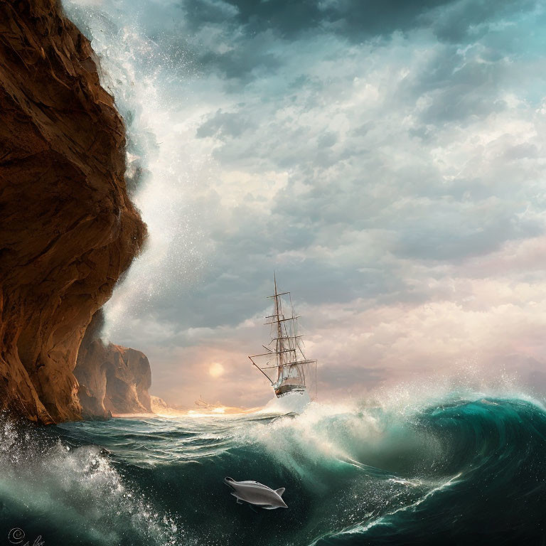 Tall ship sailing turbulent seas near towering cliff under dramatic sky