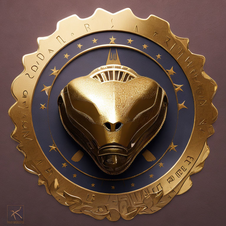 Golden Spartan Helmet Emblem with Zodiac Signs on Purple Background