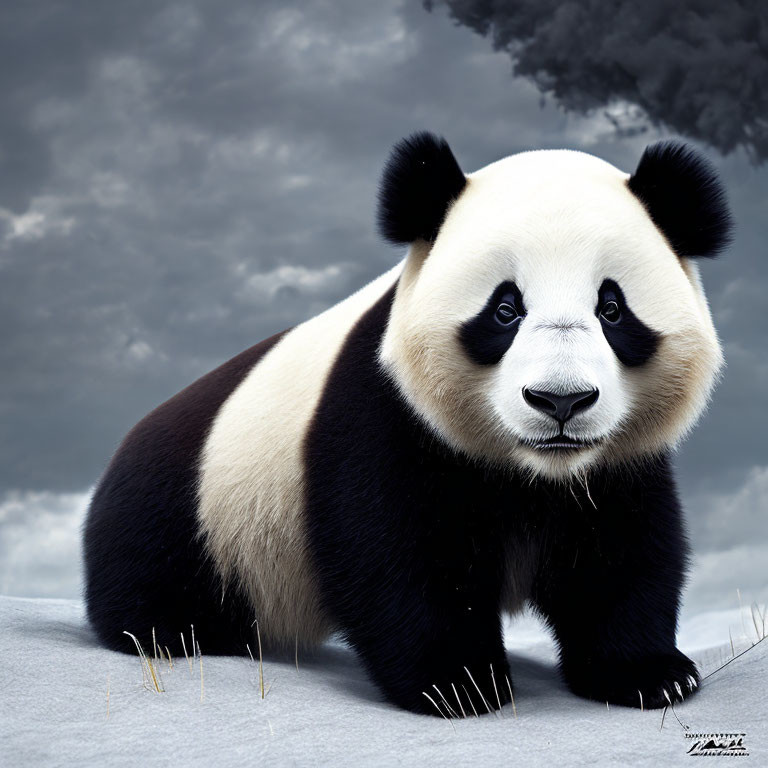 Giant panda in snow with dramatic grey clouds
