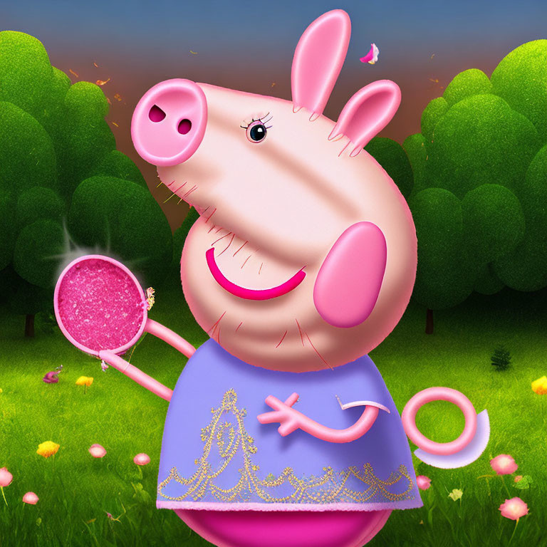 Smiling pink pig with magnifying glass in princess dress on grassy meadow