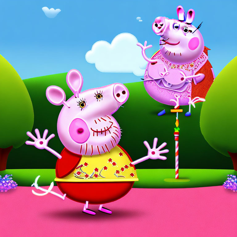 Stylized cartoon pigs playing in colorful outdoor setting