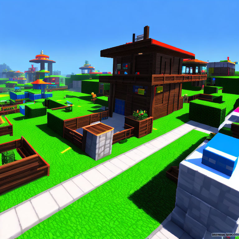 Colorful Minecraft landscape with wooden house, green grass, and blue skies.