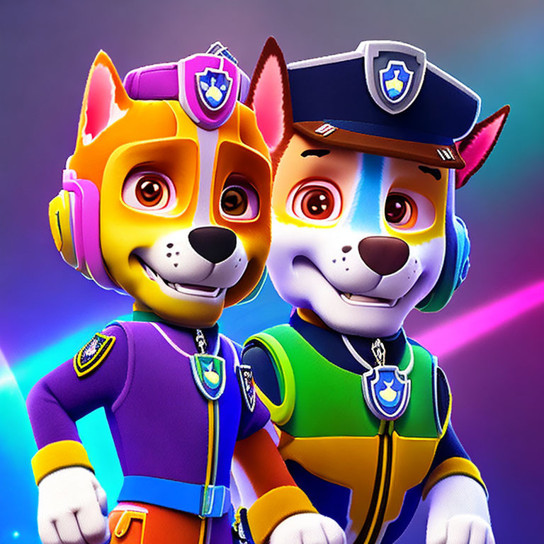 Animated police dogs in uniforms with badges on vibrant gradient background