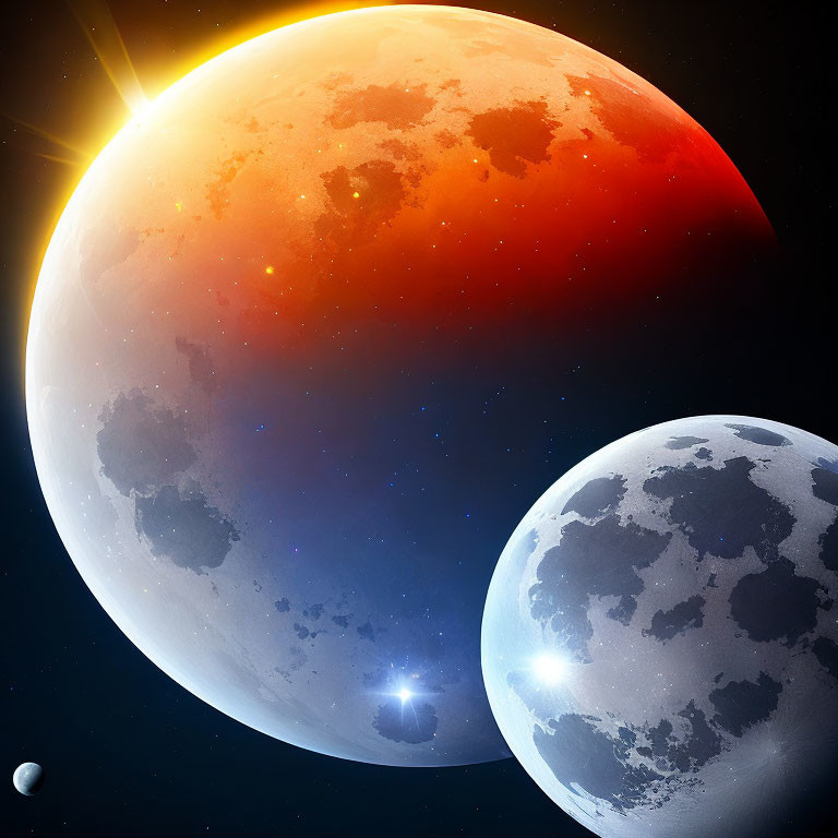 Digital art: Two celestial bodies orbiting near a glowing sun in space