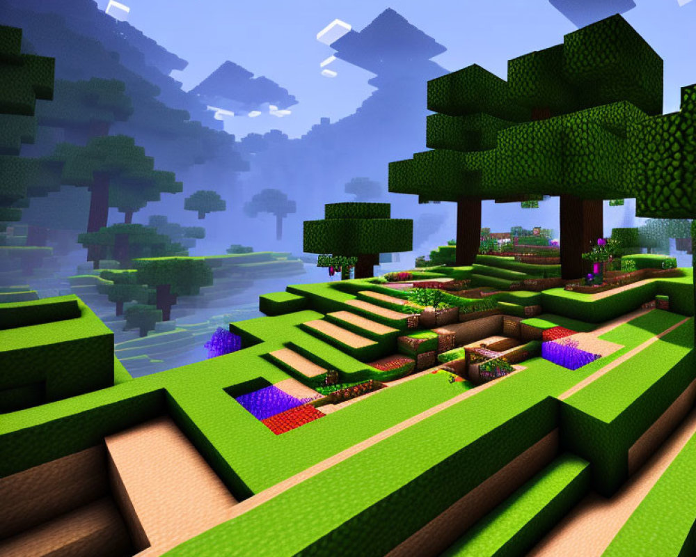 Colorful Minecraft landscape with blocky trees, river, garden, and pixelated sky
