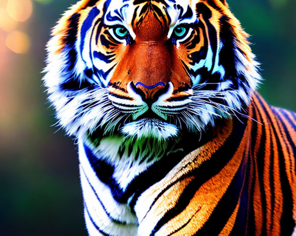 Majestic tiger with vibrant orange, black, and white stripes in green background