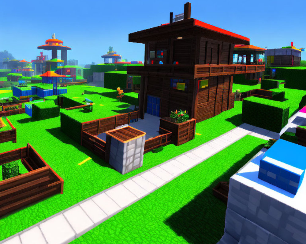 Colorful Minecraft landscape with wooden house, green grass, and blue skies.