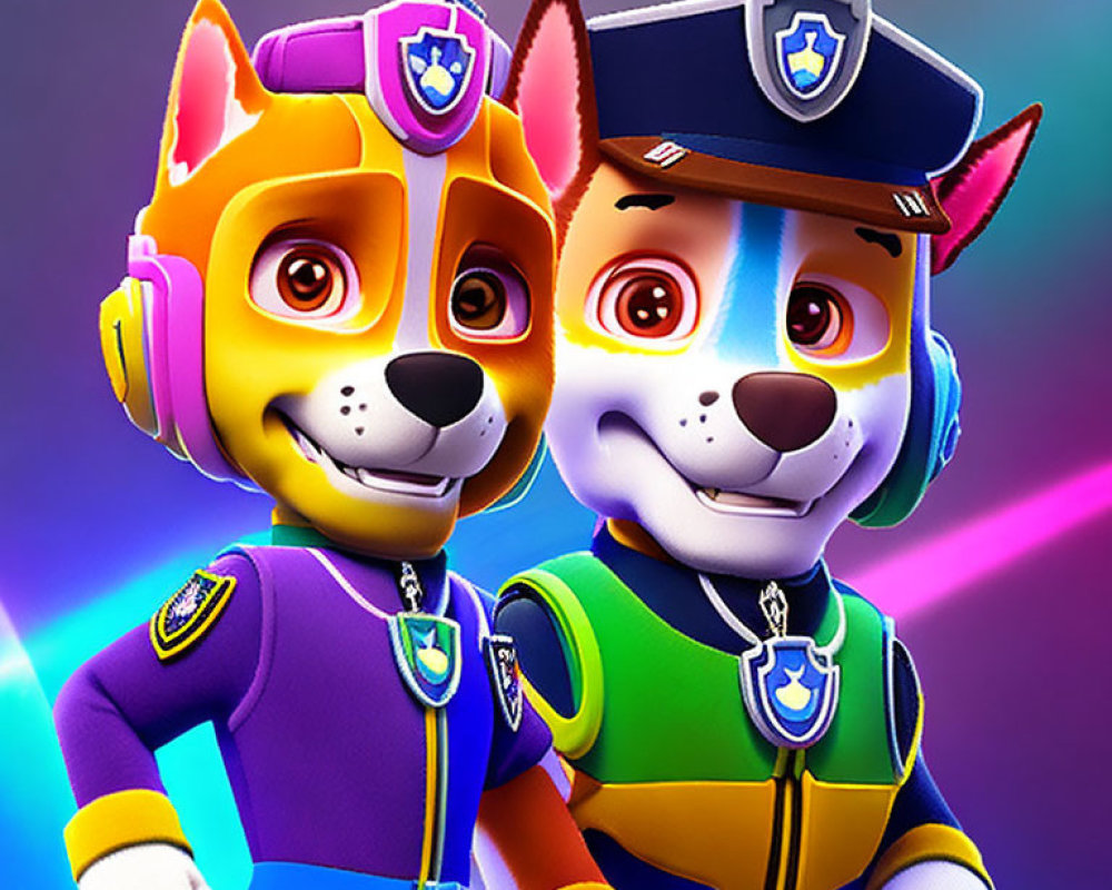Animated police dogs in uniforms with badges on vibrant gradient background