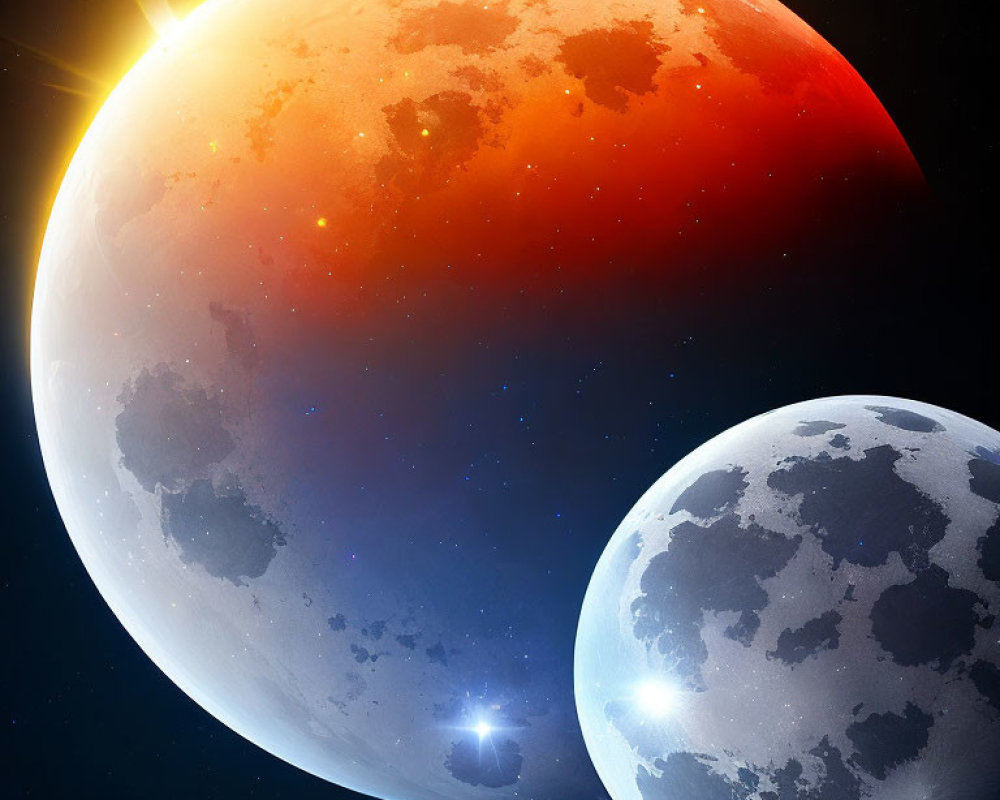 Digital art: Two celestial bodies orbiting near a glowing sun in space