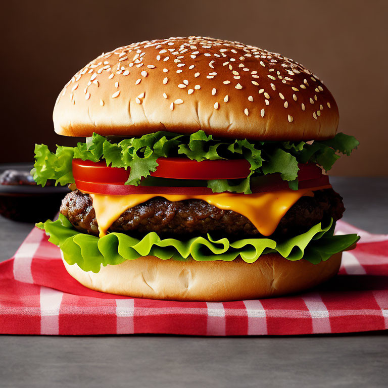 Cheeseburger with Sesame Seed Bun, Lettuce, Tomato, Cheese, and Beef Patty