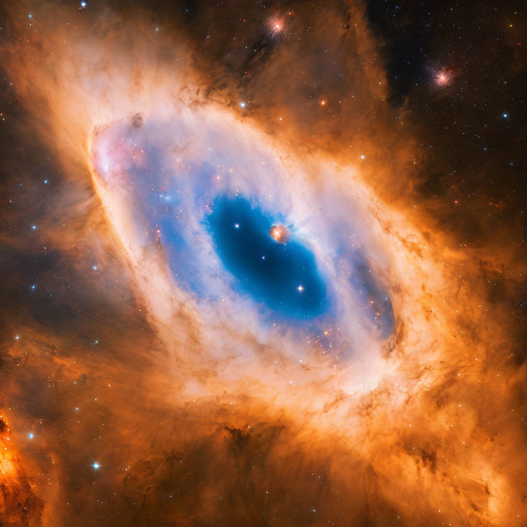 Blue and White Nebula Surrounded by Orange Dust and Stars