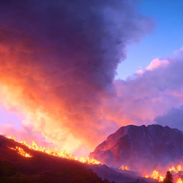 Wildfire burning in mountain landscape at dusk with bright flames and billowing smoke against orange to blue sky