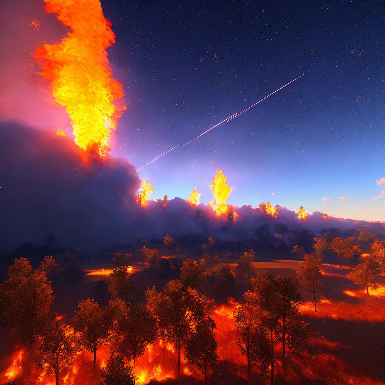 Fiery comet streaks across starry sky above burning forest.