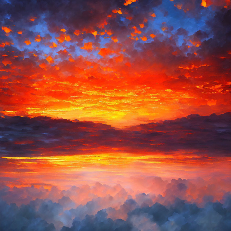 Colorful Sunset Painting with Red, Orange, Yellow Hues
