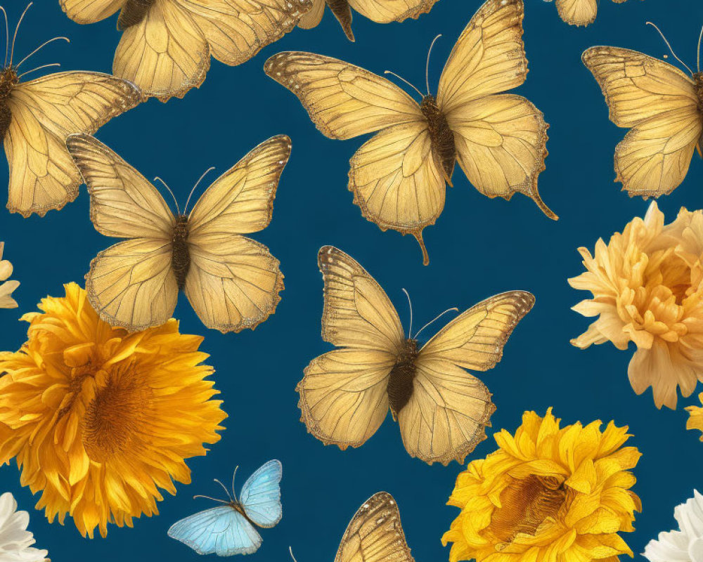 Yellow Butterflies and Sunflowers Pattern on Blue Background