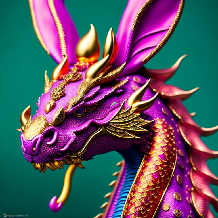 Vibrant Purple Dragon with Golden Accents on Teal Background