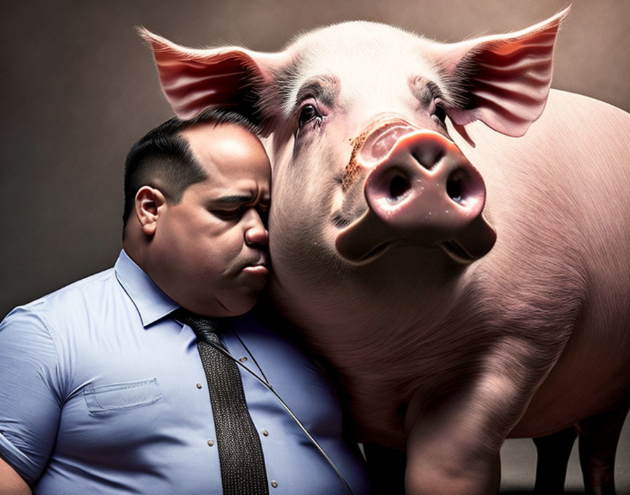 Man in blue shirt and tie with expressive pig on warm backdrop