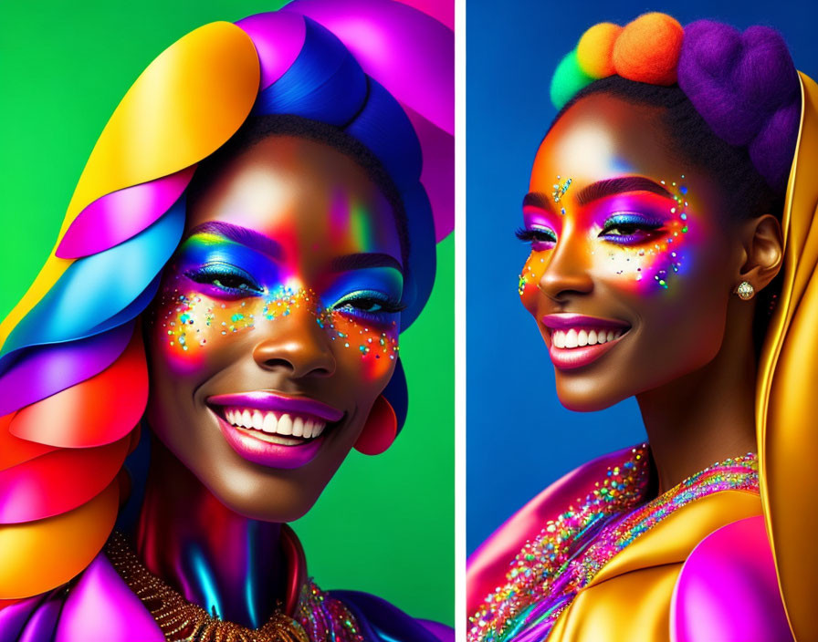 Colorful portrait of a woman with rainbow hair and makeup