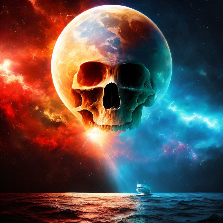 Digital art: Space and ocean merge with skull planet and ship in cosmic scene
