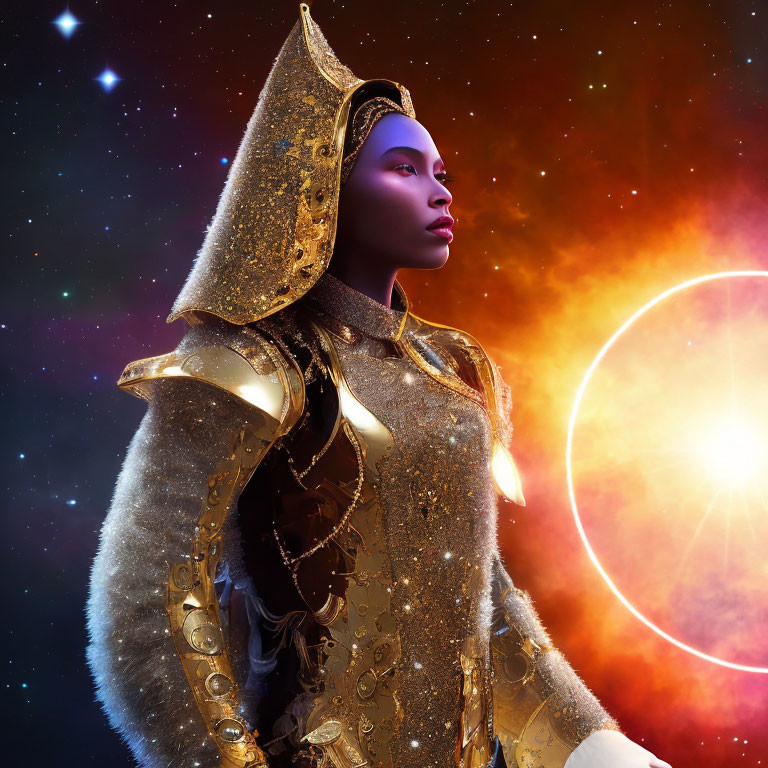 Golden armored figure in cosmic setting with stars and sun.