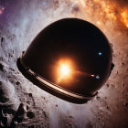 Astronaut's Helmet Reflecting Distant Sun in Star-Studded Cosmos