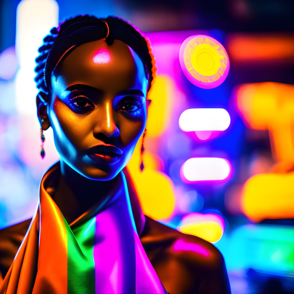 Braided hair woman under vibrant neon lights
