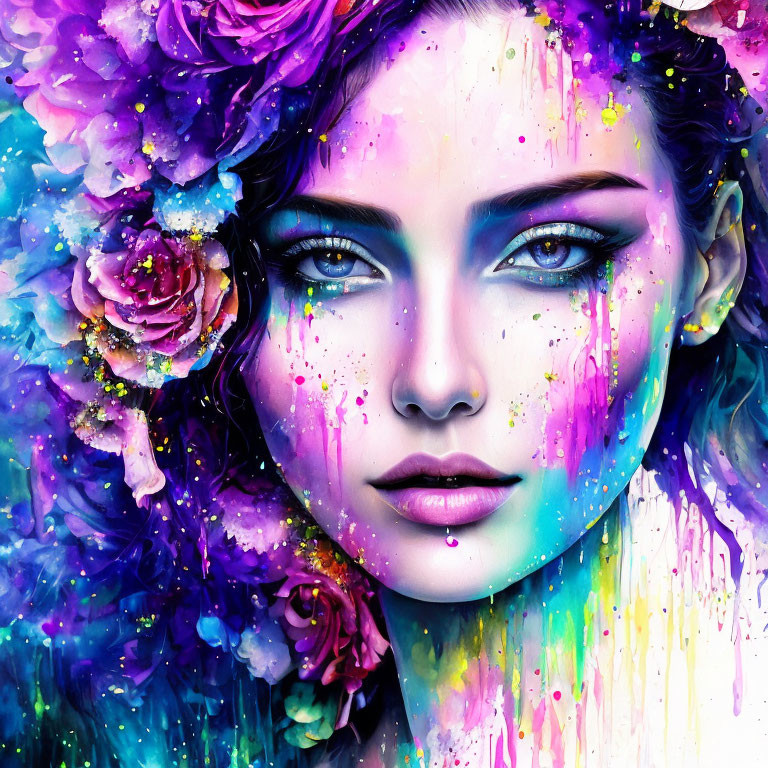 Colorful portrait of a woman with blue eyes and floral paint drips