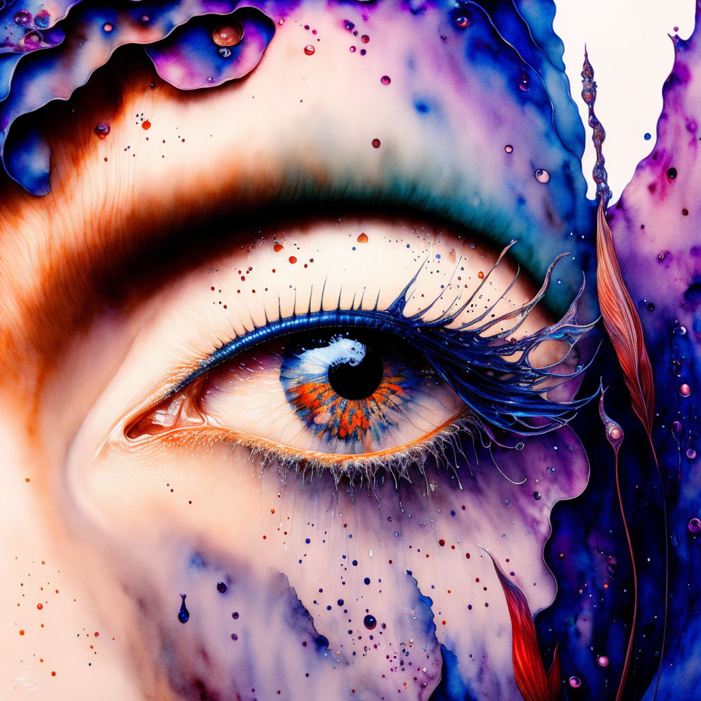 Colorful surreal eye illustration with ink-like splashes