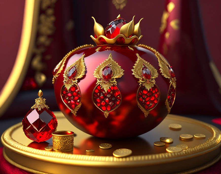 Luxurious red and gold orb with crown and jewels on platform against red backdrop