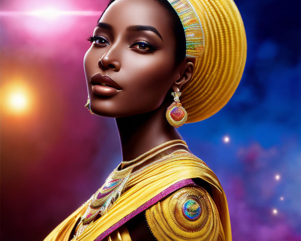 Vibrant portrait of woman in yellow head wrap and gold jewelry