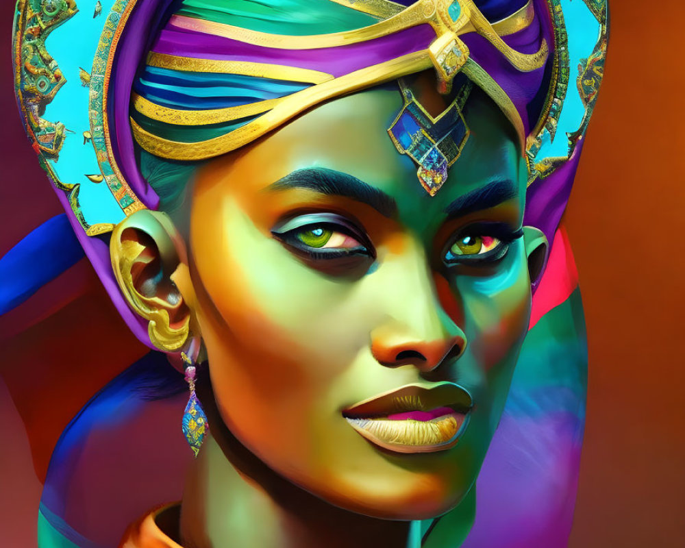 Colorful digital portrait of a woman with ornate headpiece and intricate designs.