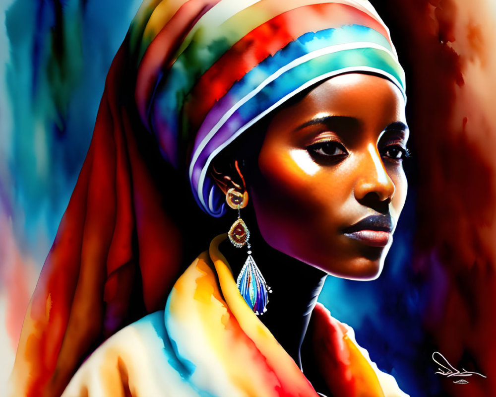 Colorful digital artwork: Woman with striking eyes, multicolored headscarf, and earring