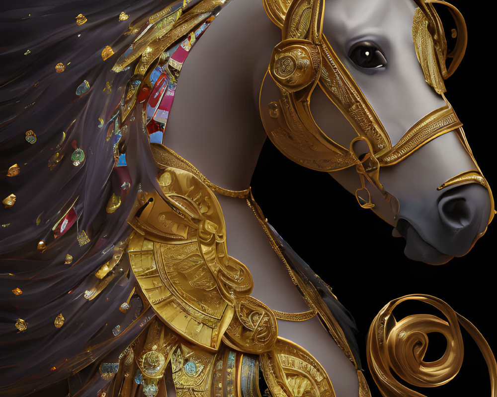 Elegant horse with dark mane in gold armor and decorations
