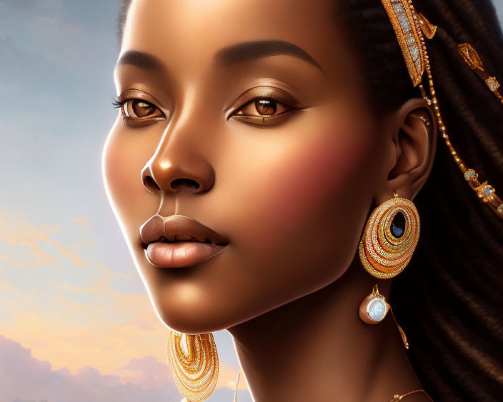 Digital Artwork: Woman with Golden Jewelry in Sunset Sky