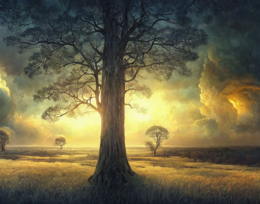Majestic tree in serene grassland at sunset with ethereal clouds