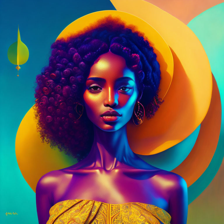 Colorful digital portrait of a woman with afro and yellow dress on abstract background