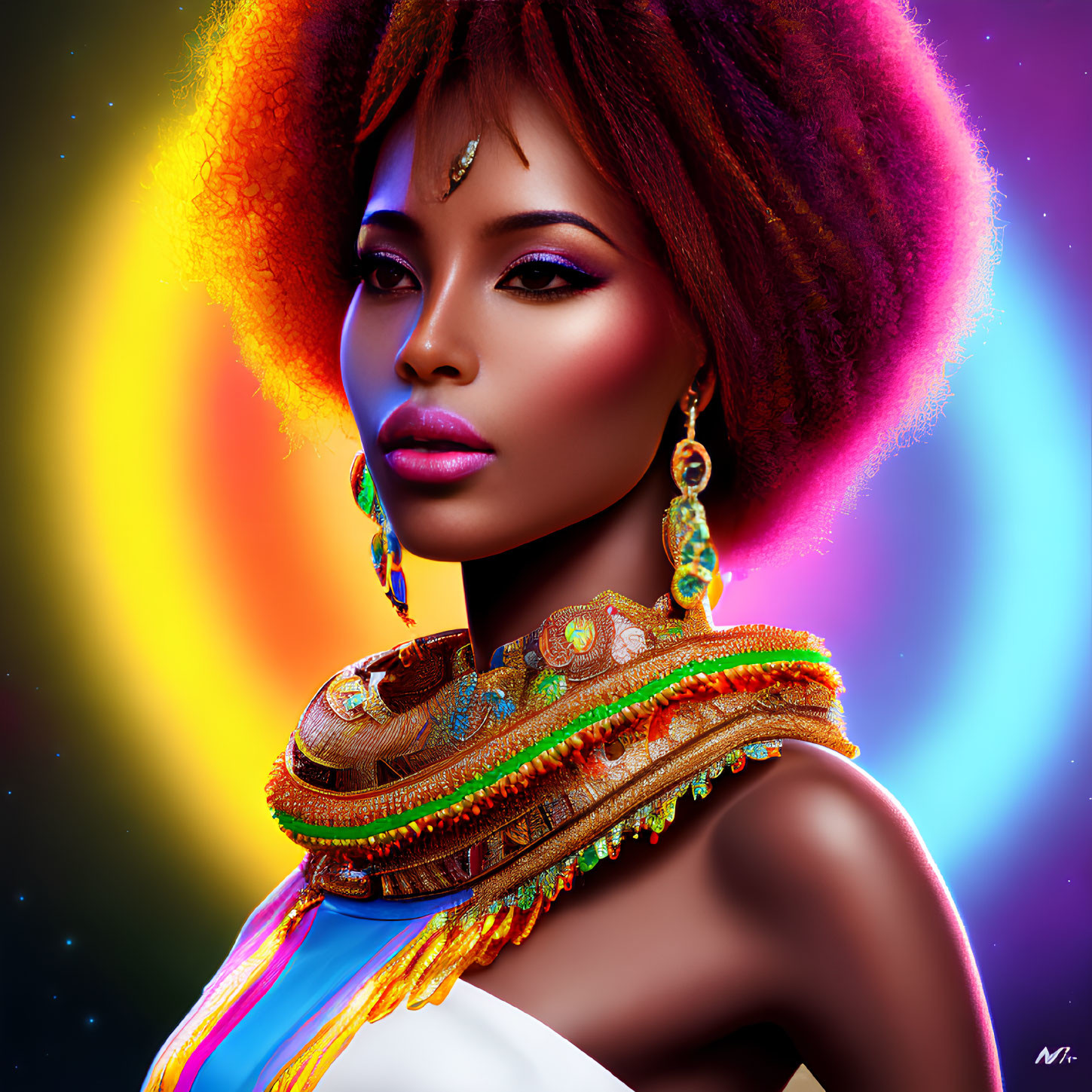 Vibrant digital artwork of woman with striking makeup and neon lighting
