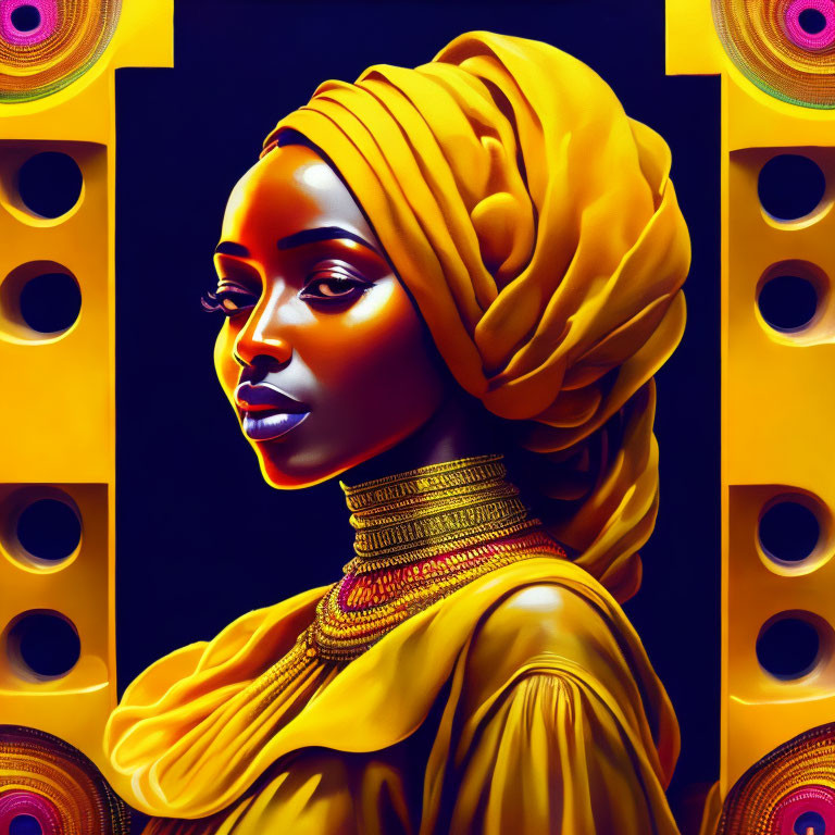 Digital Artwork: Woman in Yellow Headscarf with Gold Jewelry and Speaker Designs