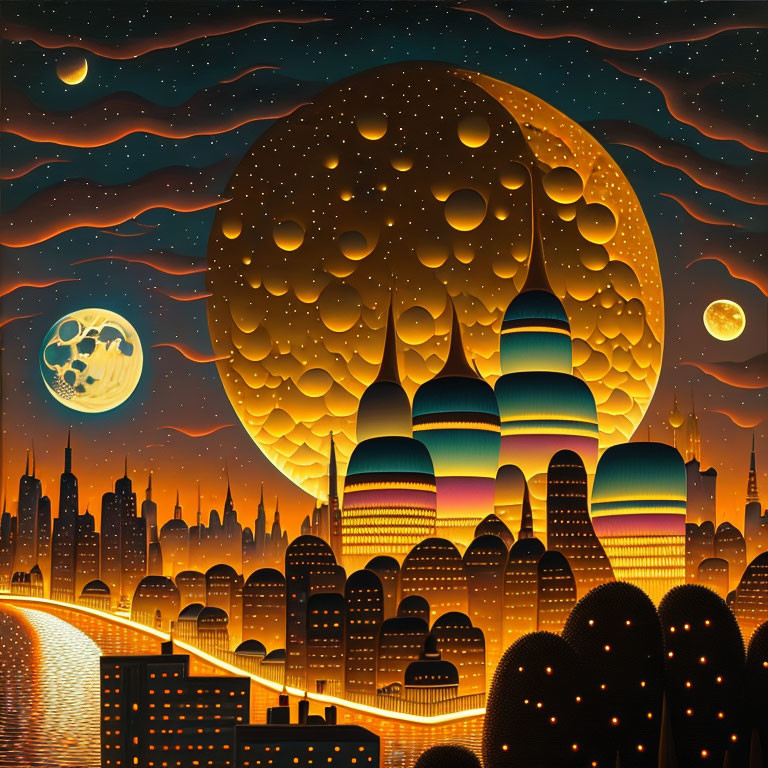 Surreal night cityscape with multiple moons, vibrant buildings, and starry sky.