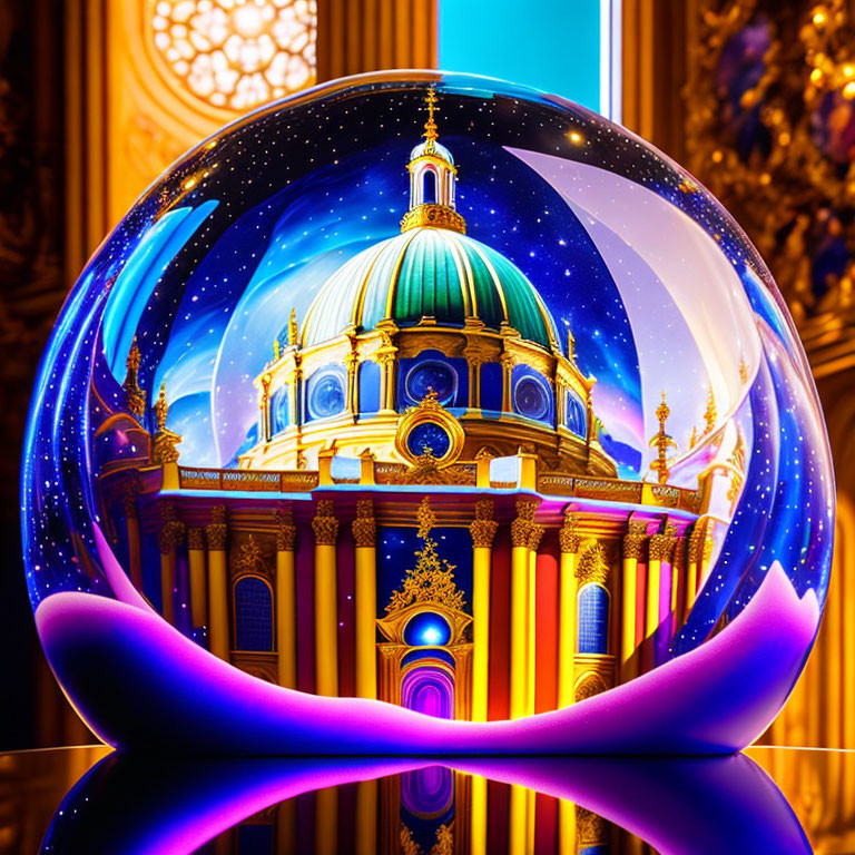Colorful cosmic pattern reflected in crystal ball against baroque-style dome