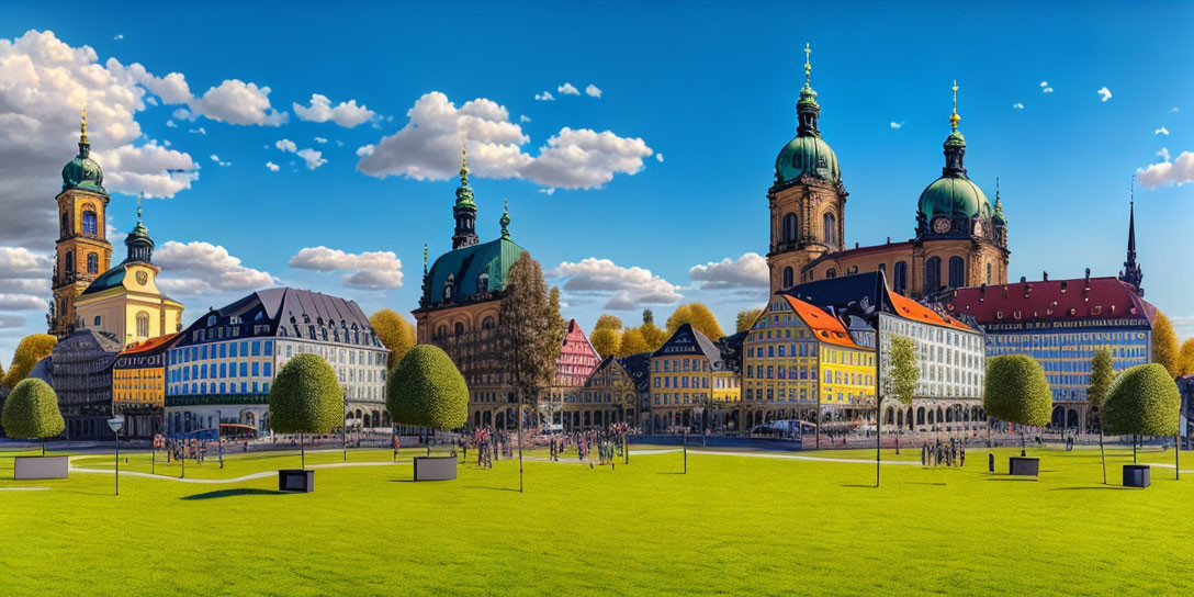 Vibrant European square with classic architecture, green trees, and sunny day scene