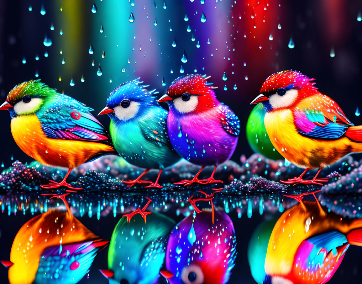 Colorful Birds on Branch with Raindrop Reflections